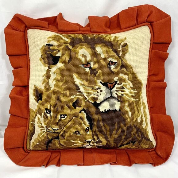 LION & CUBS Face Down Pillow 13 x 13 Inch Needlepoint Beige / Orange Vintage - Picture 1 of 8